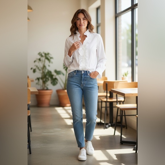 Joseph A Tops - Joseph A. White Ruffle Front Blouse V-Neck Side Zip Victorian Coquette XL